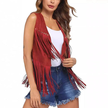 Summer Casual Chamois Leather Jacket - Multi-button Fringed Vest - Buy Center