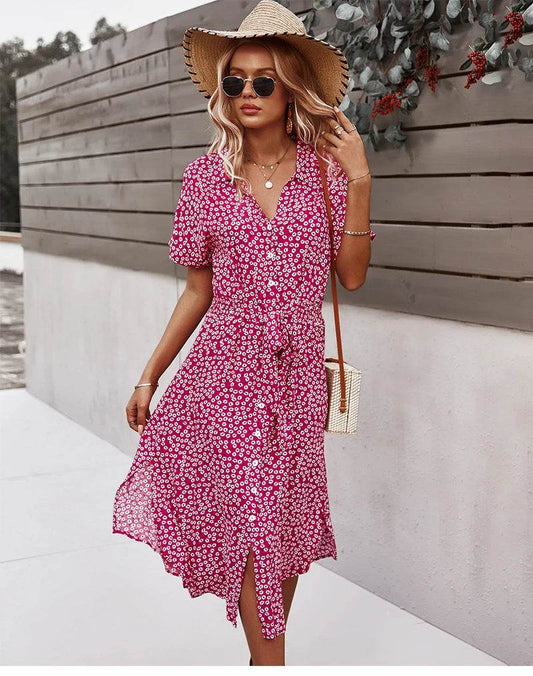 Bohemian Floral Print Midi Dress - Short Sleeve V-Neck Women's Wear - Buy Center