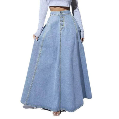 Kalenmos Women's A-Line Denim Maxi Skirt - Casual Vintage Style - Buy Center