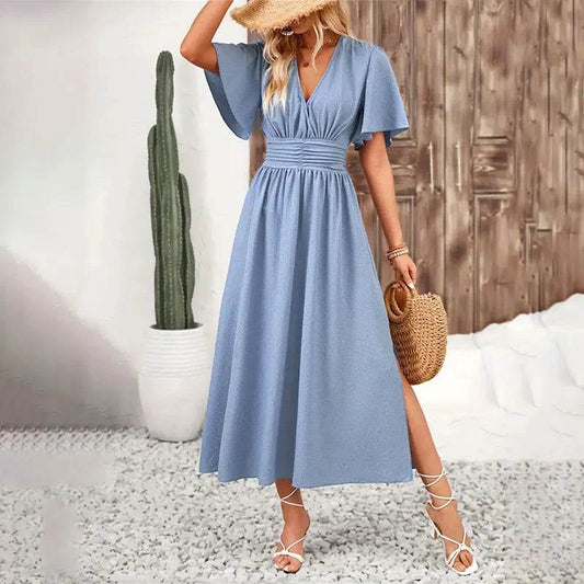 Chic Women’s Ruffle Pleated Dress - V-Neck, Short Sleeves, Summer Style - Buy Center