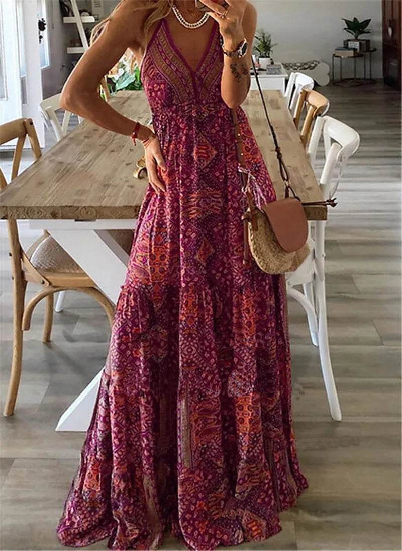Bohemian V-Neck Floral Dress - High Waist Spaghetti Strap Style - Buy Center
