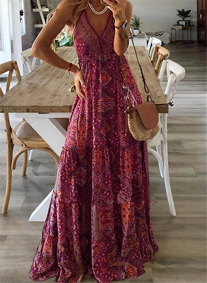 Bohemian V-Neck Floral Dress - High Waist Spaghetti Strap Style - Buy Center