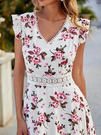 Floral Print Women’s Dress - Lace Collar, Irregular Waist Style - Buy Center
