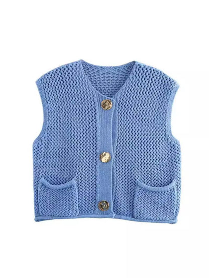Chic Women's Sleeveless Knit Vest Sweater with Big Pockets - Buy Center