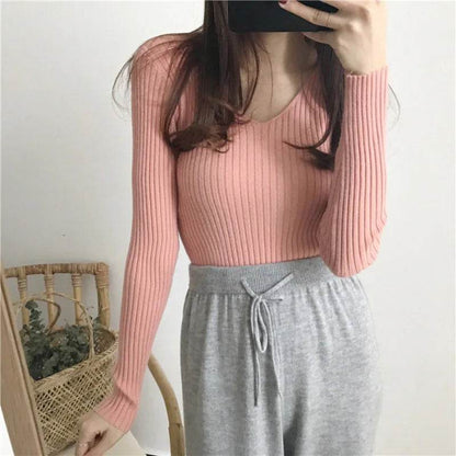 Korean Autumn V Neck Sweater - Slim Fit Knitted Pullover for Women - Buy Center