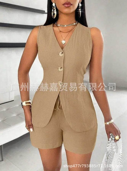 Stylish Women's V-neck Shorts Set - Solid Color, Sleeveless Design - Buy Center