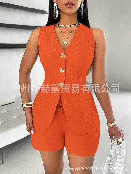Stylish Women's V-neck Shorts Set - Solid Color, Sleeveless Design - Buy Center