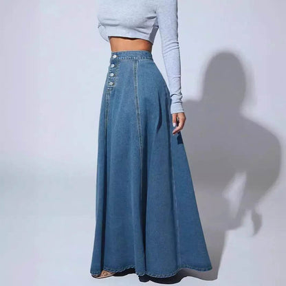 Kalenmos Women's A-Line Denim Maxi Skirt - Casual Vintage Style - Buy Center