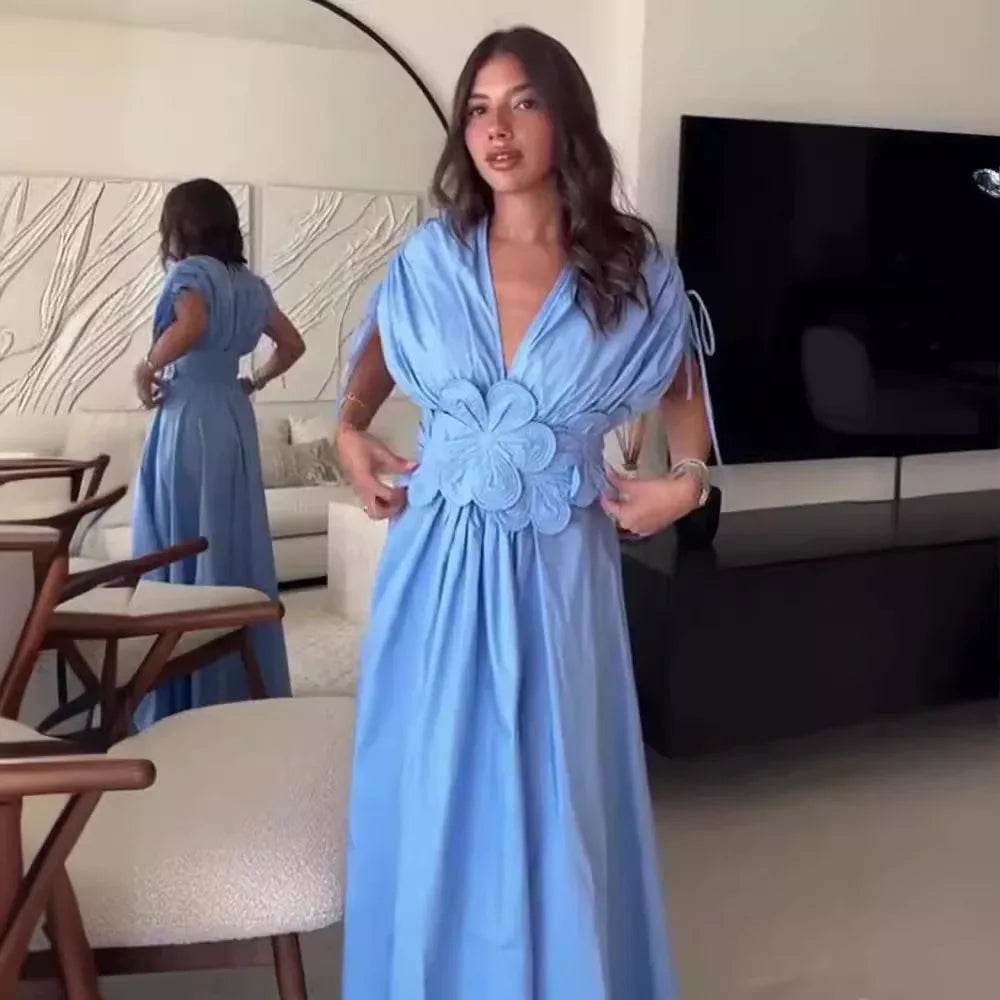 Elegant Blue V-Neck Long Dress - Waist-Fitted Bow Decor for Women - Buy Center