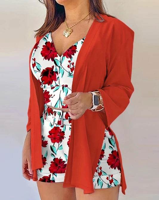 Elegant Floral Print Top & Shorts Set with Long Sleeved Coat - Buy Center