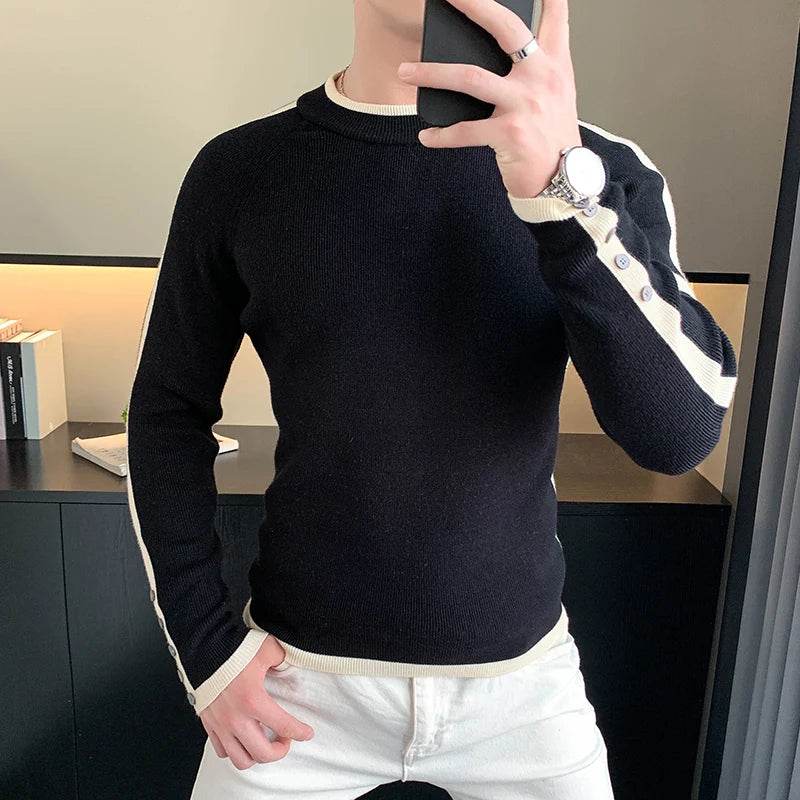 Brand Striped Knitted Sweaters Men Long Sleeve Slim Casual Business Knittwear Pullovers Versatile Social Streetwear Base Shirt - Buy Center