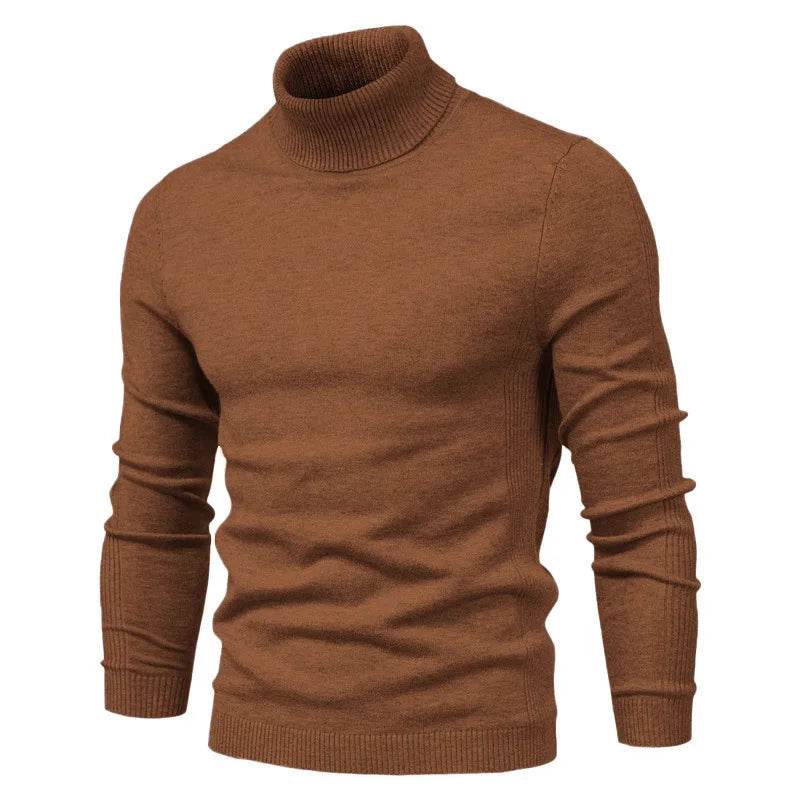 Men's Solid Color Pullover Sweater - High Neck Casual Knitwear - Buy Center