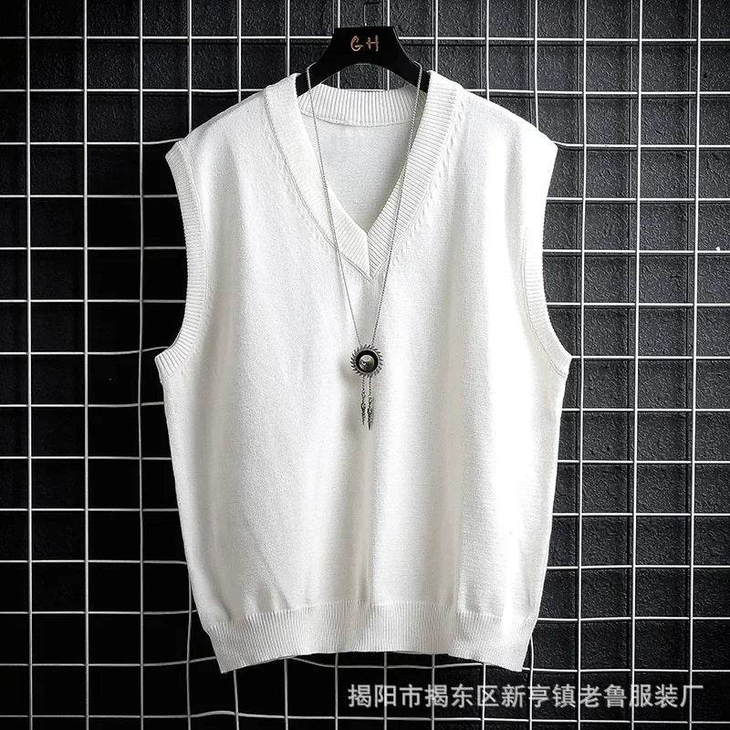 Casual Men's White Sweater Vest - Loose Solid Color Knit Waistcoat - Buy Center