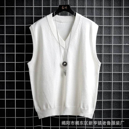 Casual Men's White Sweater Vest - Loose Solid Color Knit Waistcoat - Buy Center