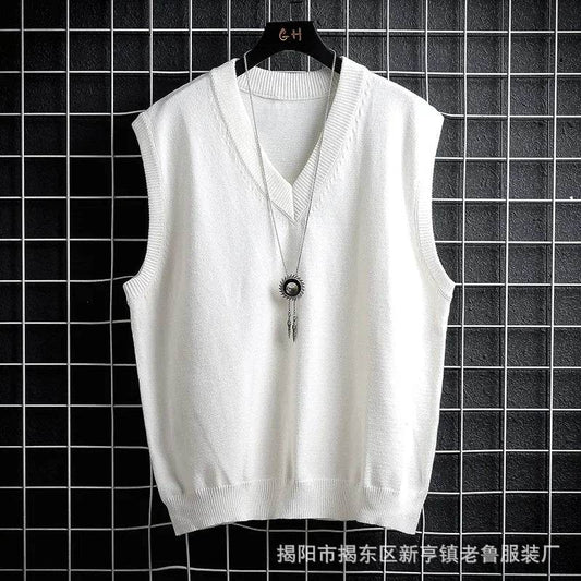 Casual Men's White Sweater Vest - Loose Solid Color Knit Waistcoat - Buy Center
