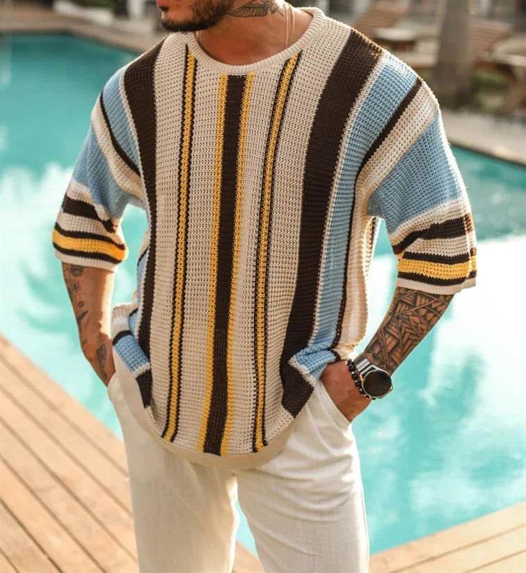 2024 Spring/summer Men Crewneck Fashion Hollowed-out Mid-sleeve Sweater Sweater Europe and America Men's Striped Sweater Summer - Buy Center