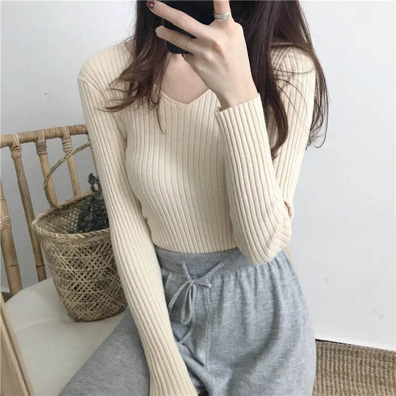 Korean Autumn V Neck Sweater - Slim Fit Knitted Pullover for Women - Buy Center