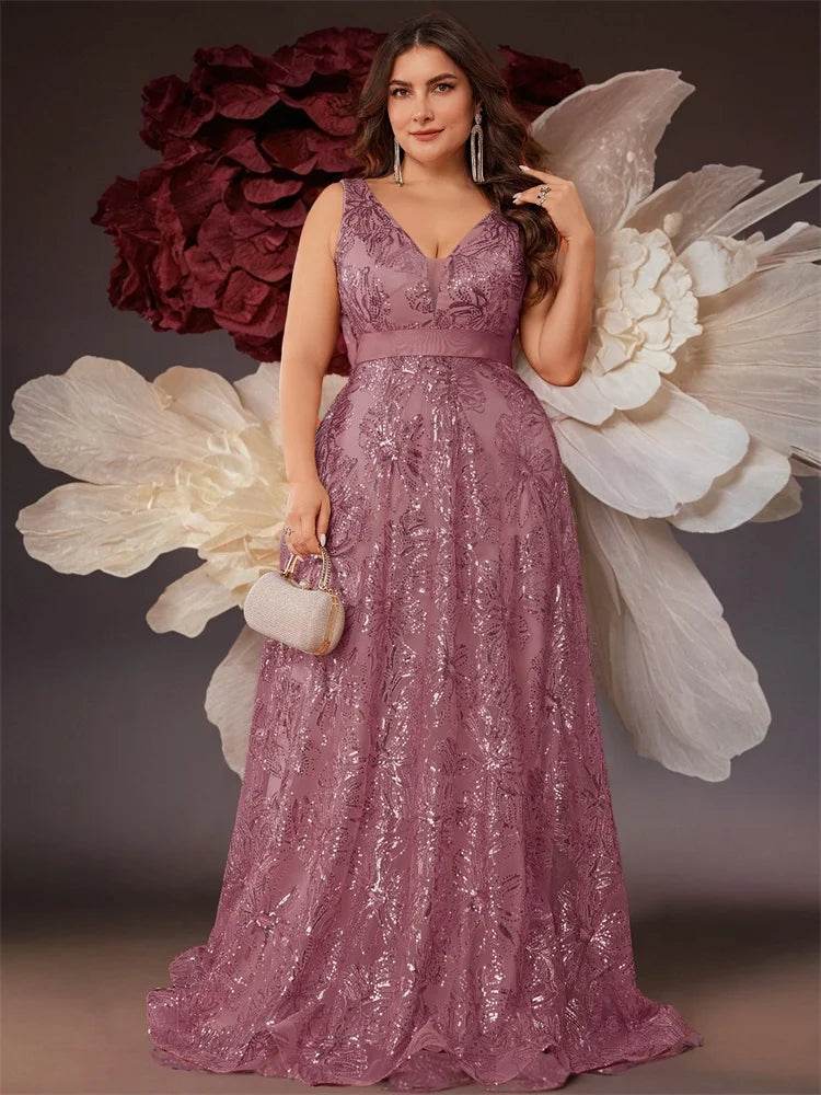 Elegant Plus Size Deep V-Neck Sequins Evening Dress - Lucy in Love - Buy Center