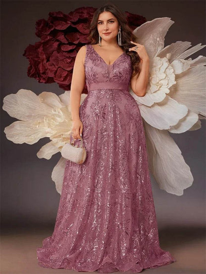 Elegant Plus Size Deep V-Neck Sequins Evening Dress - Lucy in Love - Buy Center