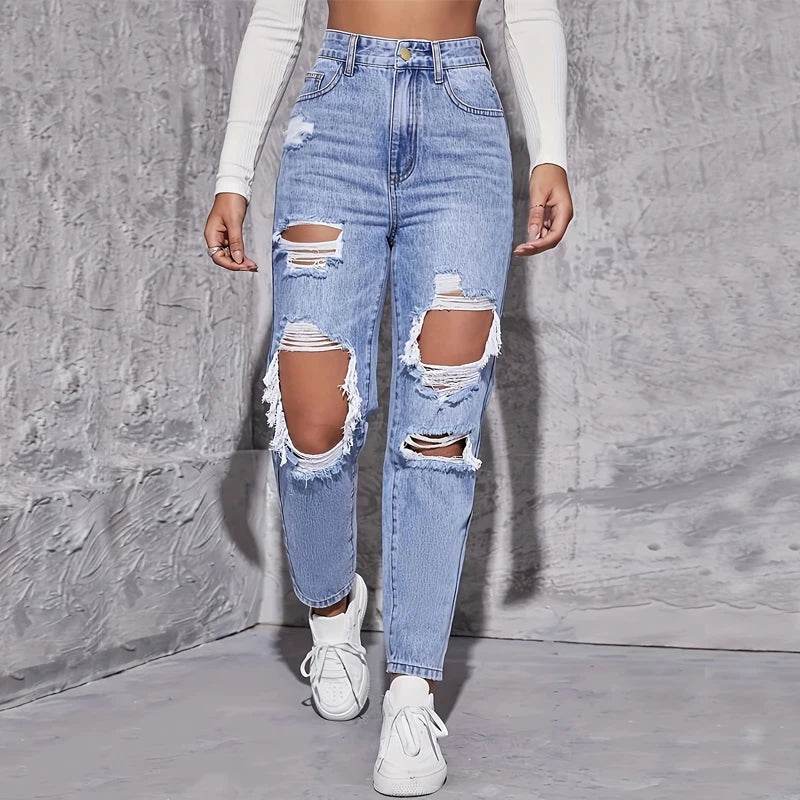 American Retro High Waist Hole-Punched Jeans for Women - Loose Fit - Buy Center