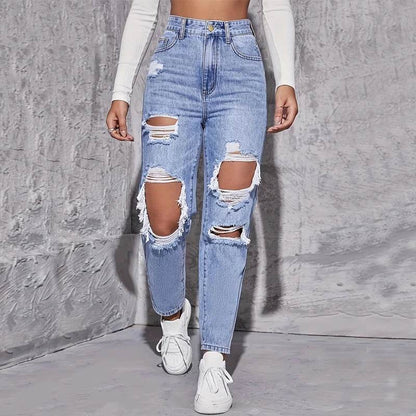 American Retro High Waist Hole-Punched Jeans for Women - Loose Fit - Buy Center