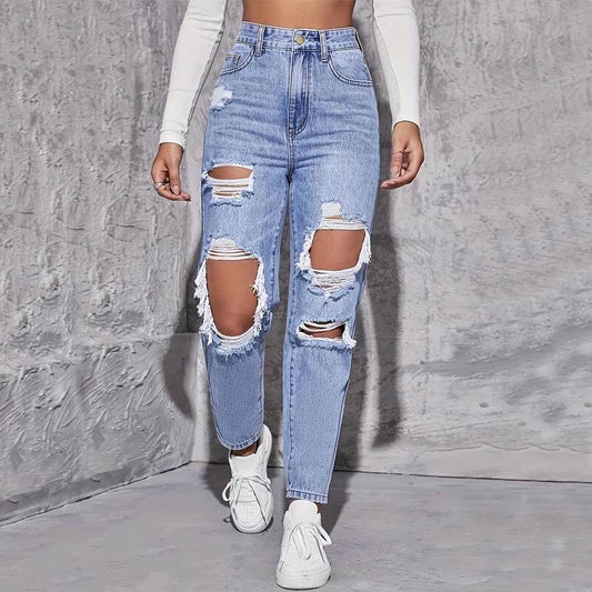 American Retro High Waist Hole-Punched Jeans for Women - Loose Fit - Buy Center