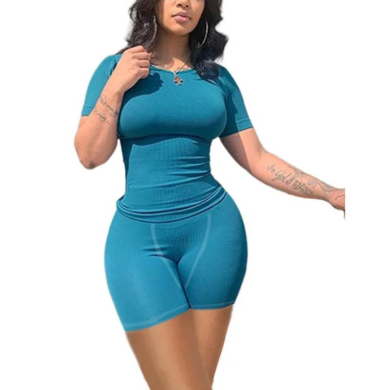 Women's Casual Ribbed 2 Piece Summer Shorts Set - Short Sleeve Top - Buy Center