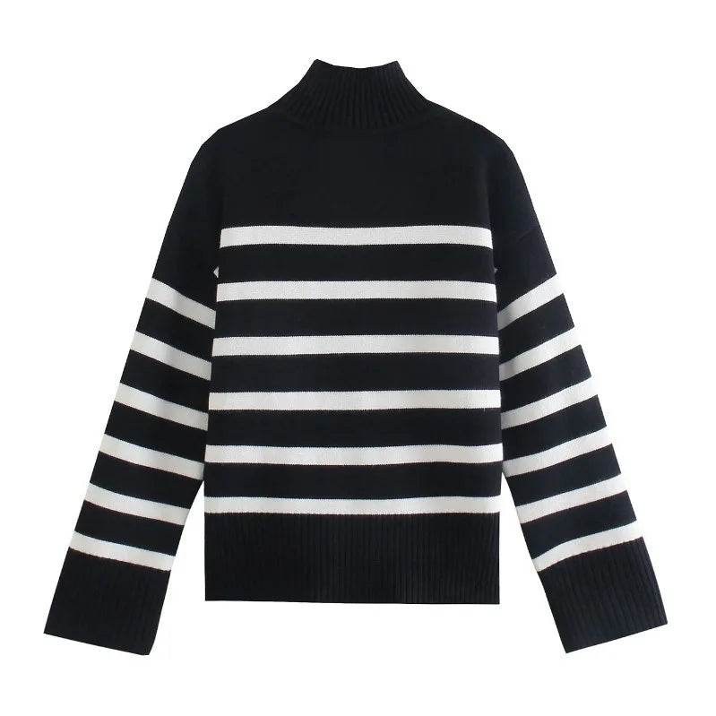 Jadoutin Women's Black and White Striped Turtleneck Sweater - Casual & Loose - Buy Center