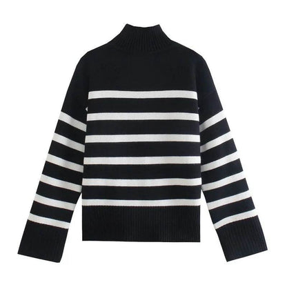 Jadoutin Women's Black and White Striped Turtleneck Sweater - Casual & Loose - Buy Center