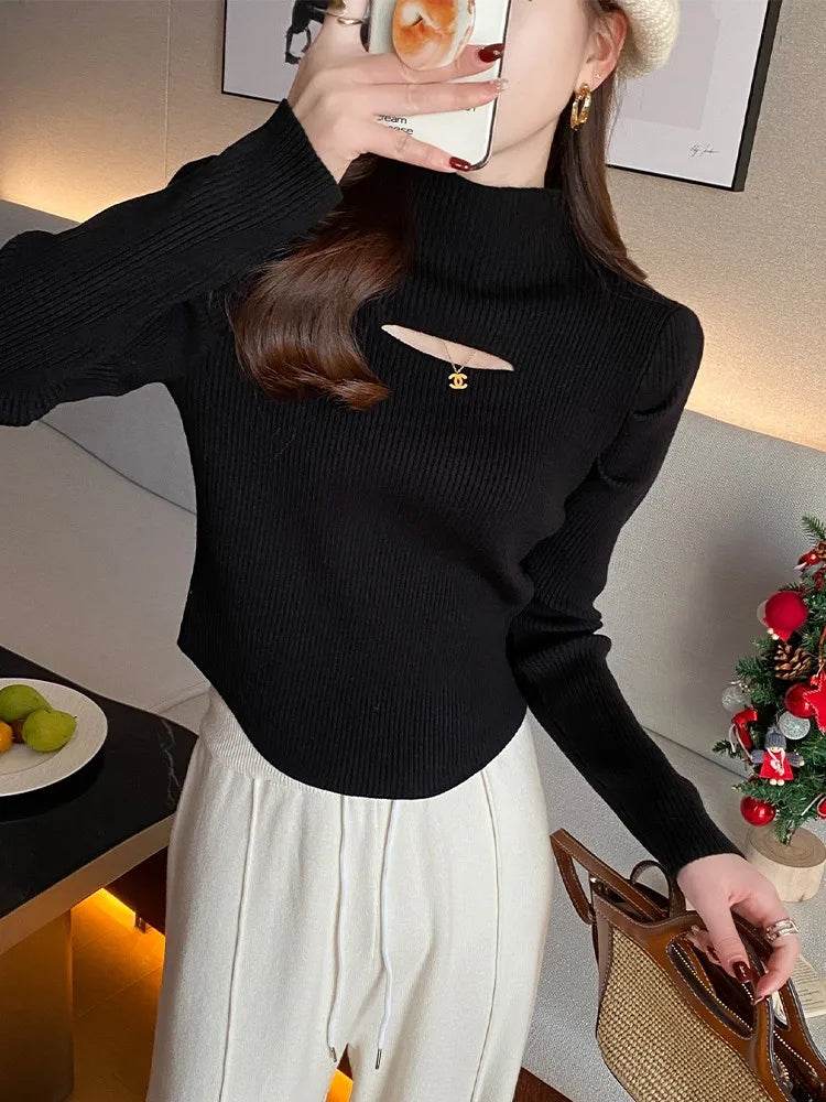 AOSSVIAO Turtleneck Sweater for Women - Hollow-out Ribbed Pullover - Buy Center