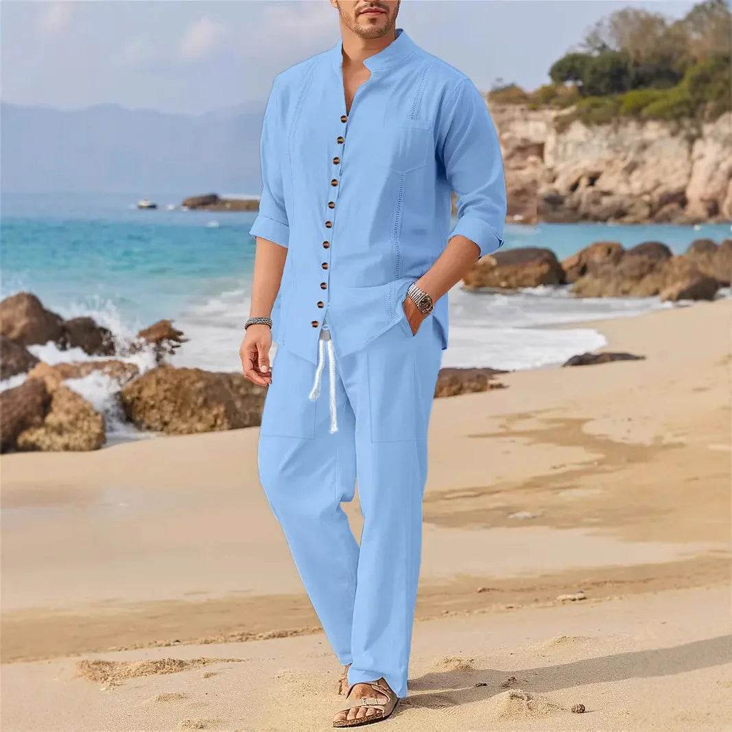 BOILEN HENG XIN Men's Casual Cuban Shirt Set - Spring Beach Style - Buy Center