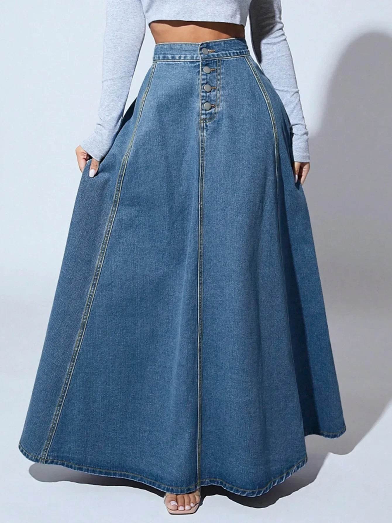 Kalenmos Women's A-Line Denim Maxi Skirt - Casual Vintage Style - Buy Center