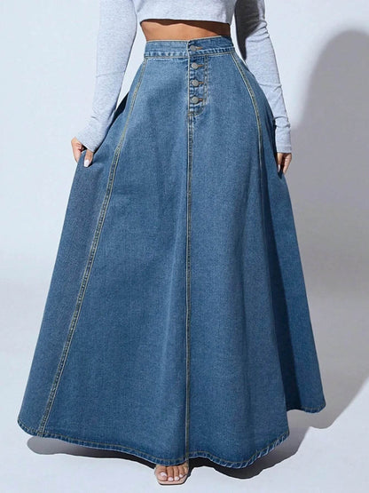 Kalenmos Women's A-Line Denim Maxi Skirt - Casual Vintage Style - Buy Center