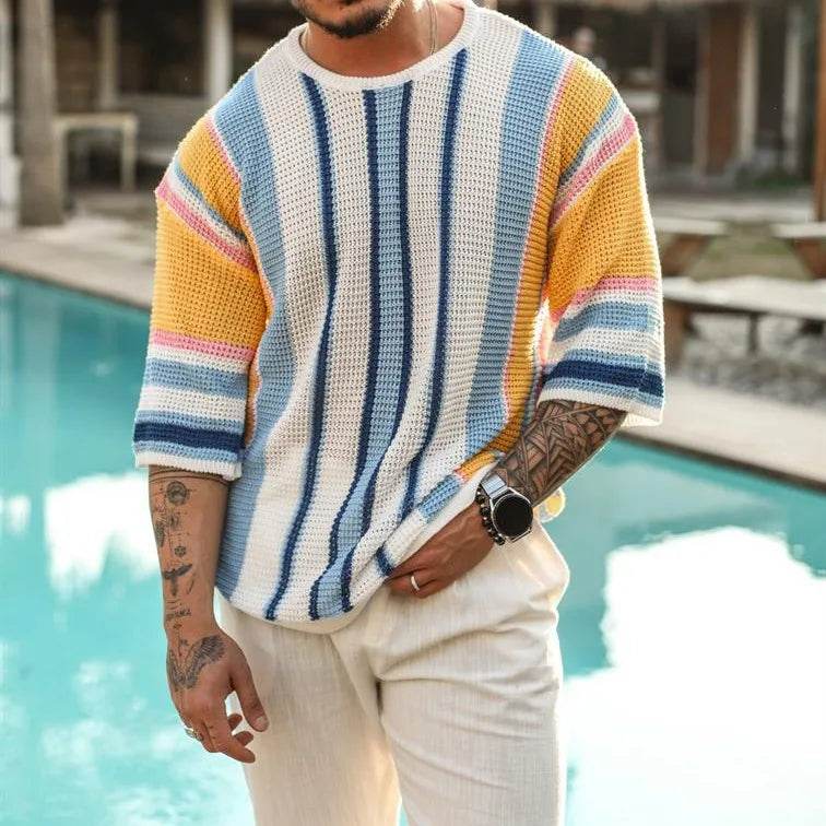 2024 Spring/summer Men Crewneck Fashion Hollowed-out Mid-sleeve Sweater Sweater Europe and America Men's Striped Sweater Summer - Buy Center