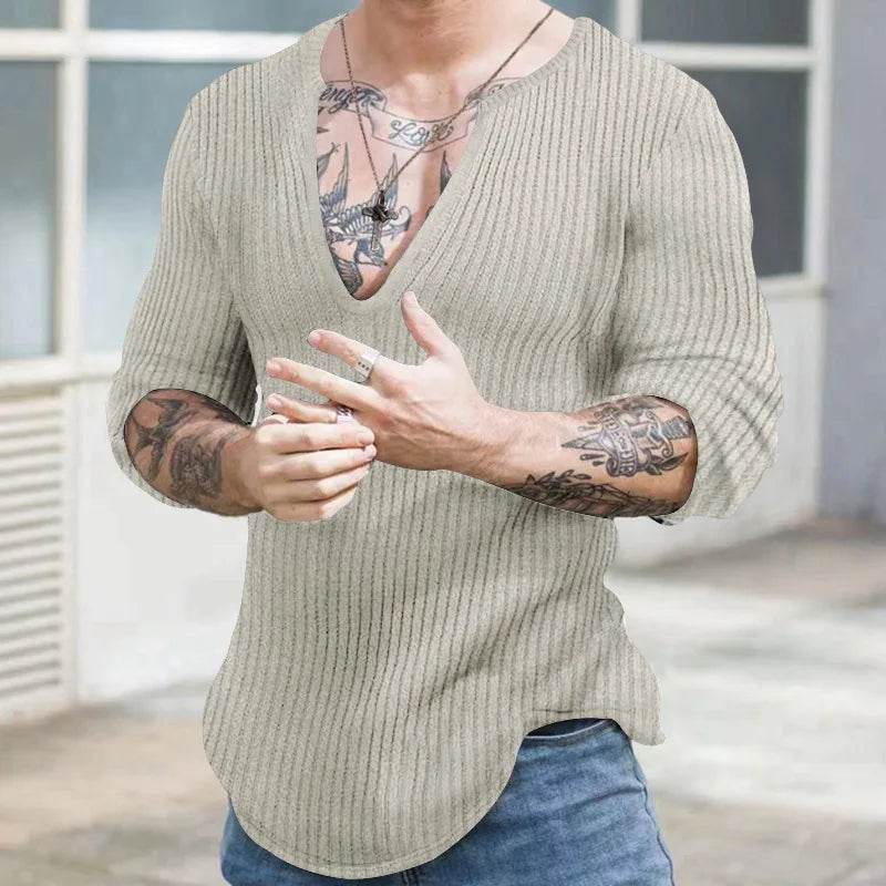 Men's V-Neck Casual Sweater - Autumn Winter Solid Color Knitted Pullover - Buy Center
