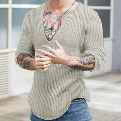 Men's V-Neck Casual Sweater - Autumn Winter Solid Color Knitted Pullover - Buy Center