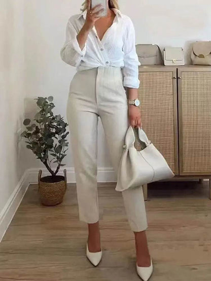 TRZA High Waist Solid Pants - Casual Ankle Trousers with Pockets - Buy Center