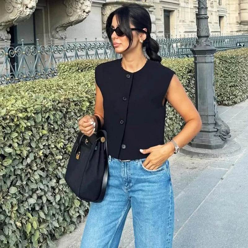 TRAFCN Women's Black O-Neck Sleeveless Vest - Casual Office Style - Buy Center