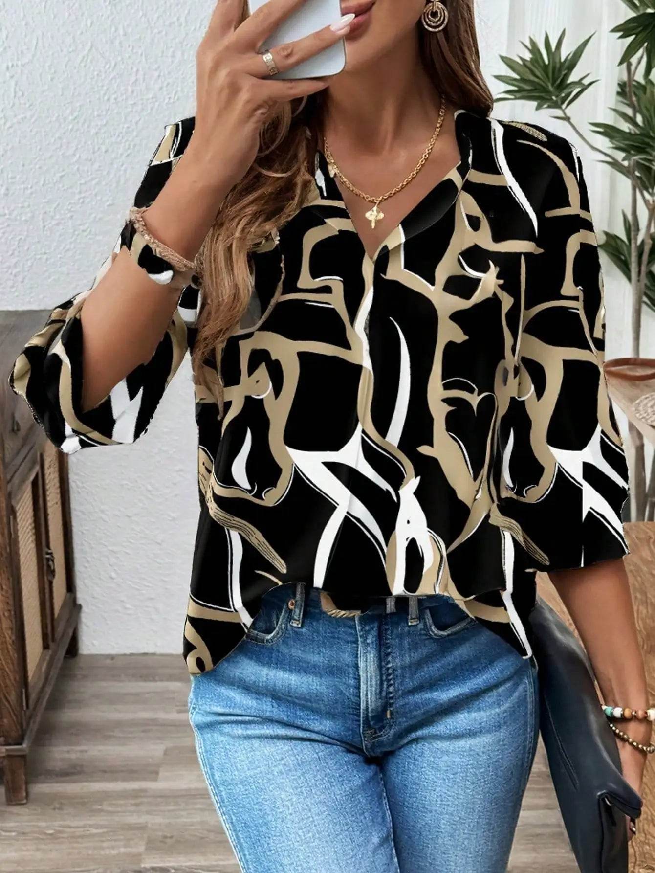 Elegant Women's V Neck Blouse - Spring/Summer Casual Print Top - Buy Center