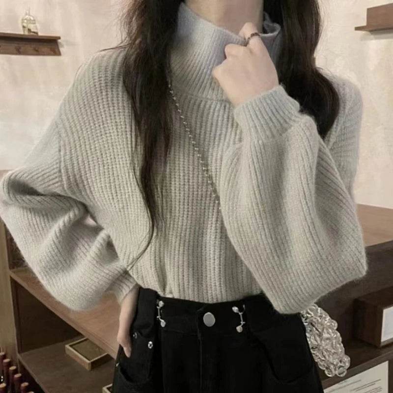 FIGOHR Women's Ribbed Turtleneck Pullover - Lantern Sleeve Sweater - Buy Center