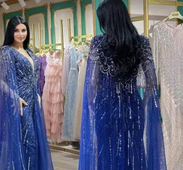 Serene Hill Turquoise Mermaid Evening Dress with Beaded Cape Sleeves - Buy Center