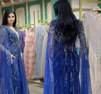 Serene Hill Turquoise Mermaid Evening Dress with Beaded Cape Sleeves - Buy Center