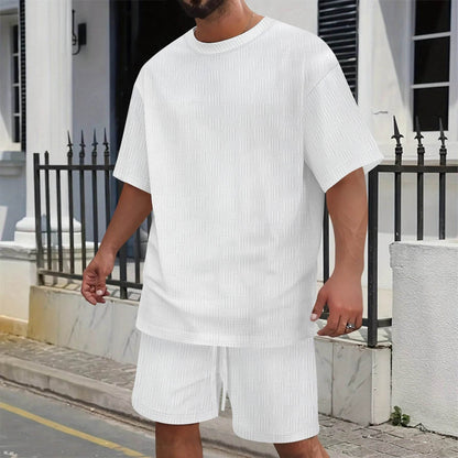 Men's Summer Leisure Suit - Solid Color T-Shirt & Drawstring Shorts Set - Buy Center