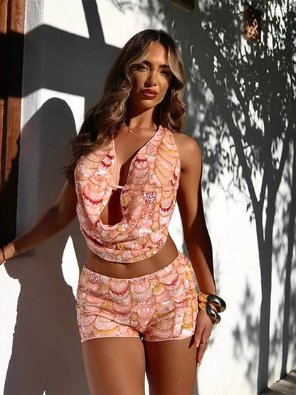 Women's Sequined Halter Vest Shorts Set - Sexy Summer Party Outfit - Buy Center