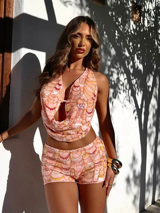 Women's Sequined Halter Vest Shorts Set - Sexy Summer Party Outfit - Buy Center