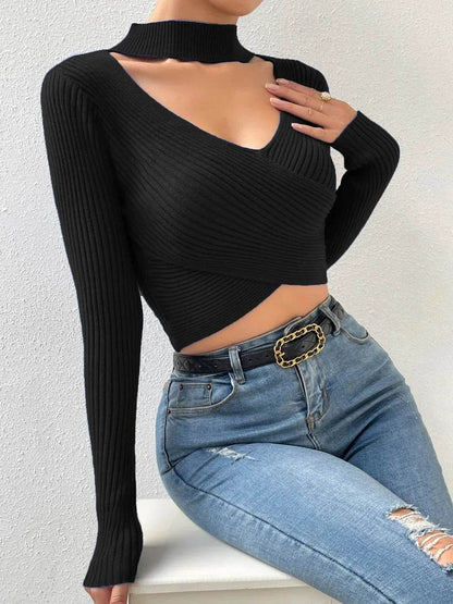 Women's Long Sleeve Choker Neck Crop Top - Casual Autumn Fashion - Buy Center