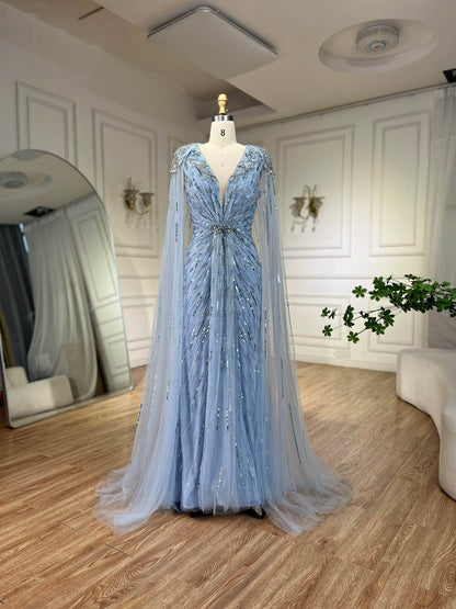 Serene Hill Turquoise Mermaid Evening Dress with Beaded Cape Sleeves - Buy Center