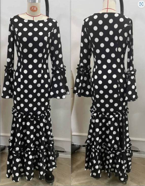 Elegant Ladies Evening Dress - Polka Dot Flare Sleeve Fishtail Style - Buy Center
