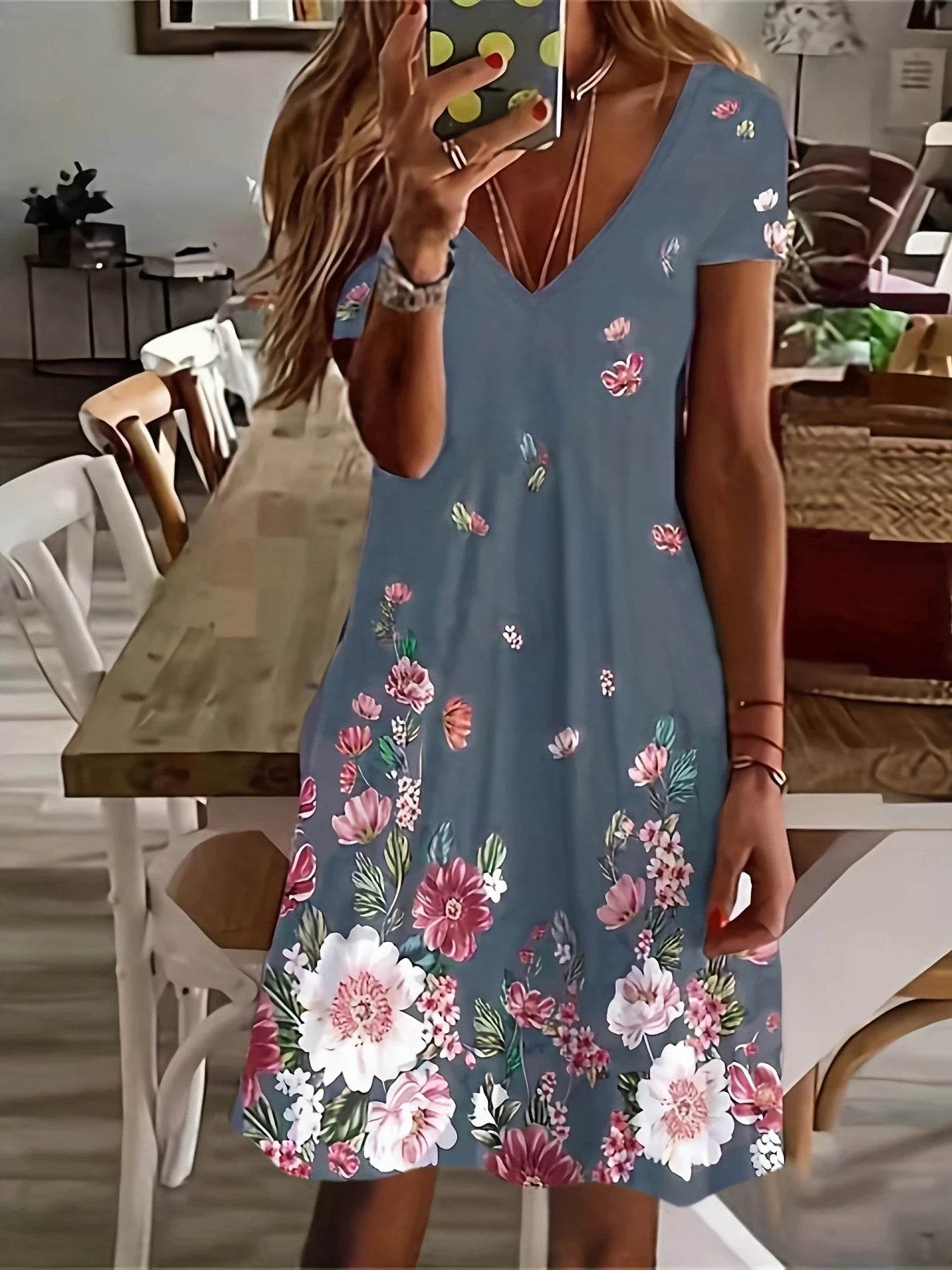 Chic Floral Knee-High Dress - V-Neck Casual Wear for All Seasons - Buy Center