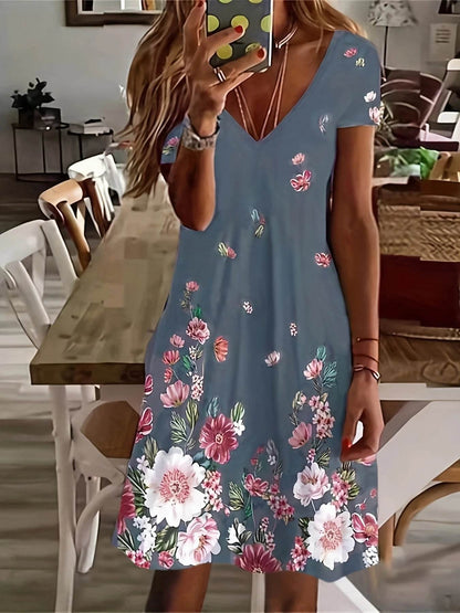 Chic Floral Knee-High Dress - V-Neck Casual Wear for All Seasons - Buy Center